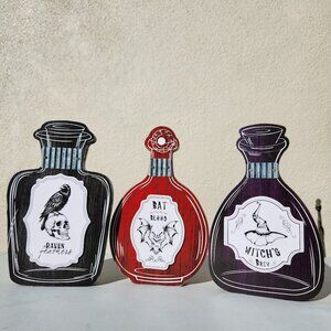New Set of 3 Halloween Decor Wooden Potions Wood Decorations Bat Blood Witch's B